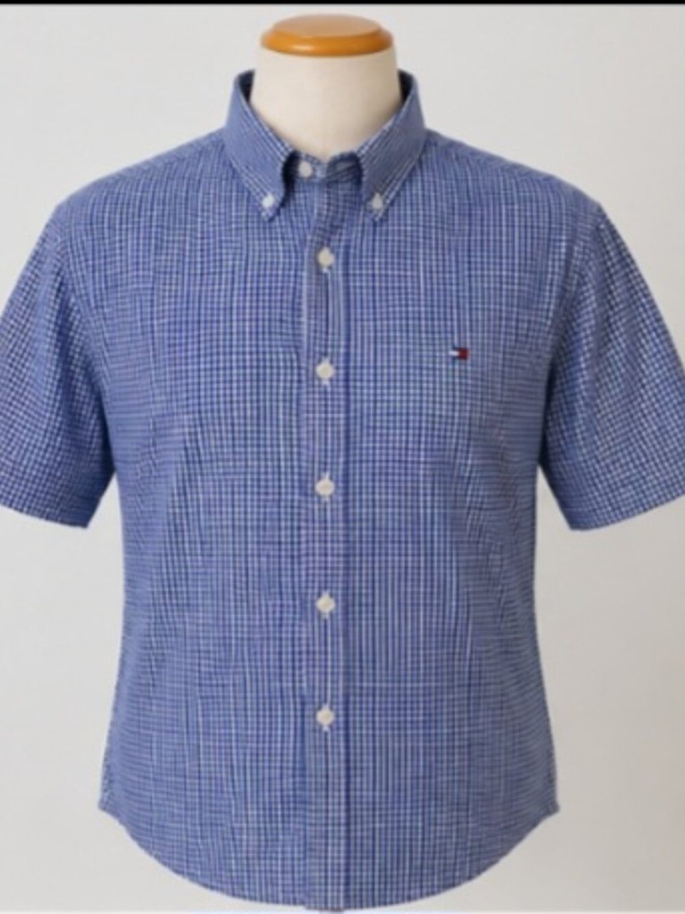 TOMMY HILFIGER MEN'S SHORT SLEEVE BUTTON DOWN SHIRT - BLUE & WHITE - 18.5 NECK